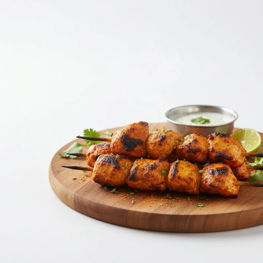 Boneless chicken tikka skewers with mint chutney at Shahi Zaika Westwinds Calgary